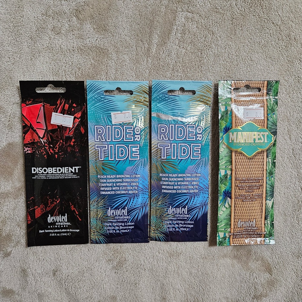 Devoted Creations Tanning Lotion Packets Disobedient Ride or Tide Manifest 4pk